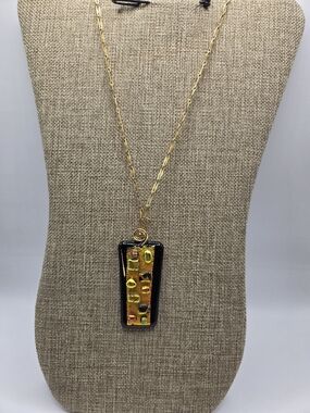1600. Gold Tone and Black Fused Dichroic Glass Pendant Necklace